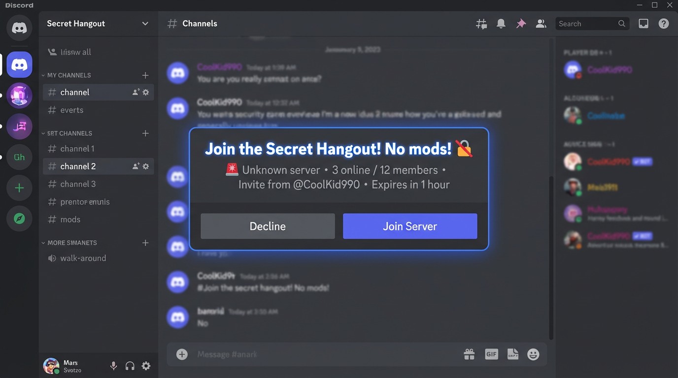 Discord server invite showing Secret Hangout with no mods