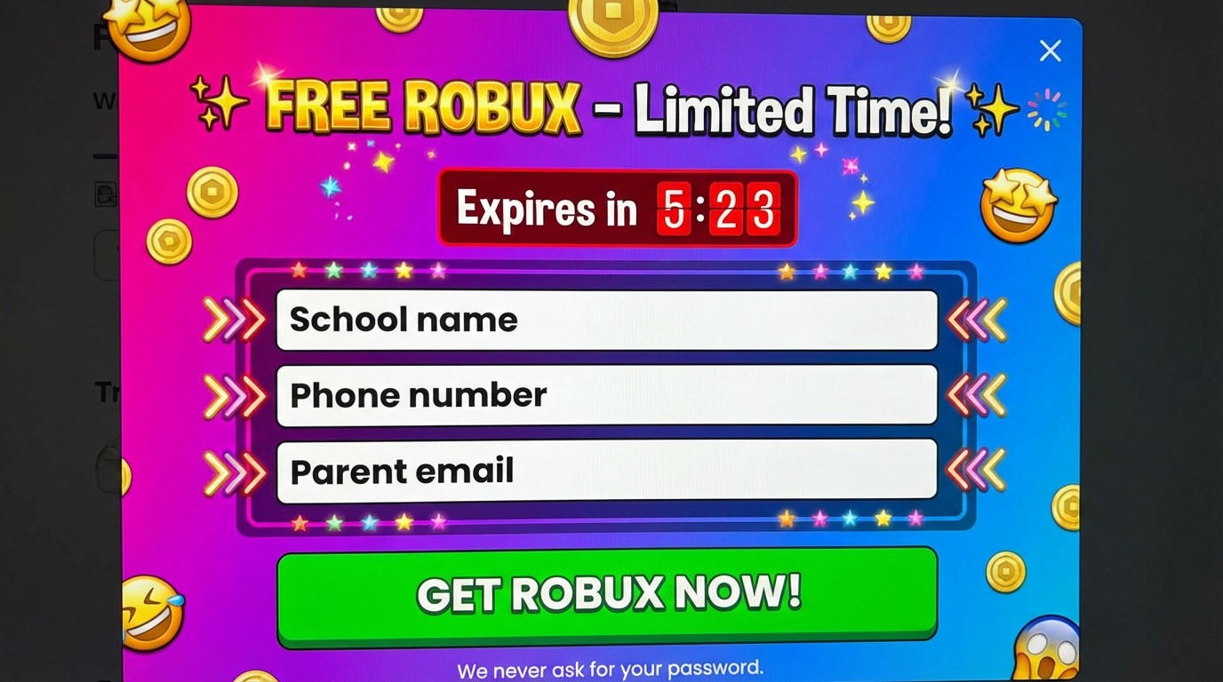 Fake Free Robux pop-up scam asking for personal details