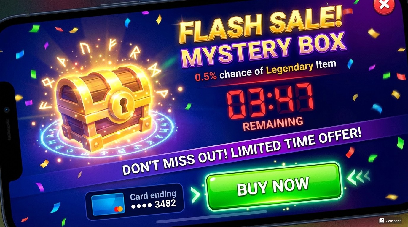 In-game flash sale with mystery box, countdown timer, and saved payment card